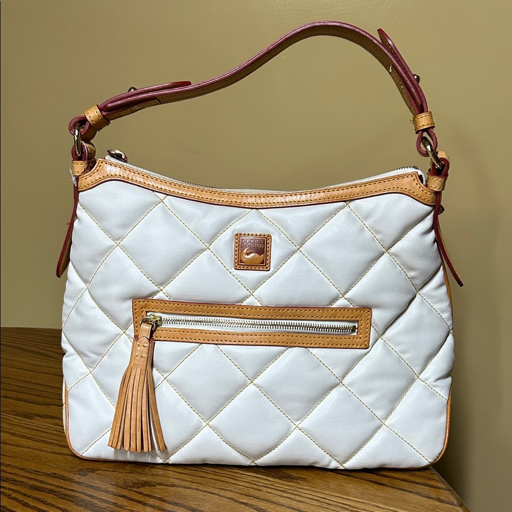 Dooney & Bourke Nylon Satchel Tassel Tan Leather Trim White Quilted Shoulder Bag